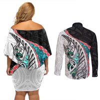 New Zealand Couples Matching Off Shoulder Short Dress and Long Sleeve Button Shirt Manaia Fern and Koru Maori Pattern LT03 - Polynesian Pride