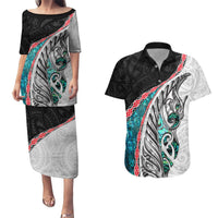 New Zealand Couples Matching Puletasi and Hawaiian Shirt Manaia Fern and Koru Maori Pattern LT03 Black - Polynesian Pride