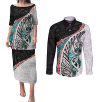 New Zealand Couples Matching Puletasi and Long Sleeve Button Shirt Manaia Fern and Koru Maori Pattern LT03 Black - Polynesian Pride