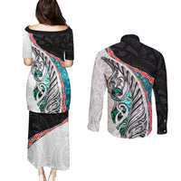 New Zealand Couples Matching Puletasi and Long Sleeve Button Shirt Manaia Fern and Koru Maori Pattern LT03 - Polynesian Pride