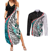 New Zealand Couples Matching Summer Maxi Dress and Long Sleeve Button Shirt Manaia Fern and Koru Maori Pattern LT03 Black - Polynesian Pride