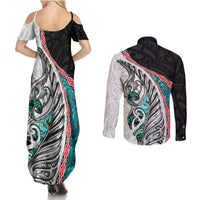 New Zealand Couples Matching Summer Maxi Dress and Long Sleeve Button Shirt Manaia Fern and Koru Maori Pattern LT03 - Polynesian Pride