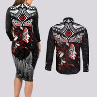 New Zealand Maori Girl Couples Matching Long Sleeve Bodycon Dress and Long Sleeve Button Shirt Silver Fern and Koru Pattern LT03 - Polynesian Pride