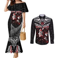 New Zealand Maori Girl Couples Matching Mermaid Dress and Long Sleeve Button Shirt Silver Fern and Koru Pattern LT03 Black - Polynesian Pride