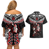 New Zealand Maori Girl Couples Matching Off Shoulder Short Dress and Hawaiian Shirt Silver Fern and Koru Pattern LT03 - Polynesian Pride