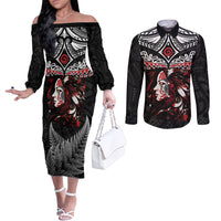 New Zealand Maori Girl Couples Matching Off The Shoulder Long Sleeve Dress and Long Sleeve Button Shirt Silver Fern and Koru Pattern LT03 Black - Polynesian Pride