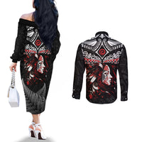 New Zealand Maori Girl Couples Matching Off The Shoulder Long Sleeve Dress and Long Sleeve Button Shirt Silver Fern and Koru Pattern LT03 - Polynesian Pride