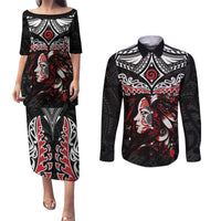 New Zealand Maori Girl Couples Matching Puletasi and Long Sleeve Button Shirt Silver Fern and Koru Pattern LT03 Black - Polynesian Pride