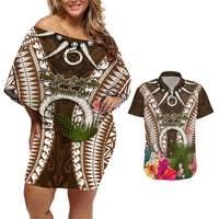 Vanuatu Selebretem 44th Indipendens Dei Couples Matching Off Shoulder Short Dress and Hawaiian Shirt Yumi Pig Tusk and Namele Fern LT03 Brown - Polynesian Pride