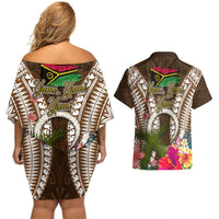 Vanuatu Selebretem 44th Indipendens Dei Couples Matching Off Shoulder Short Dress and Hawaiian Shirt Yumi Pig Tusk and Namele Fern LT03 - Polynesian Pride