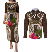 Vanuatu Selebretem 44th Indipendens Dei Couples Matching Puletasi and Long Sleeve Button Shirt Yumi Pig Tusk and Namele Fern LT03 Brown - Polynesian Pride