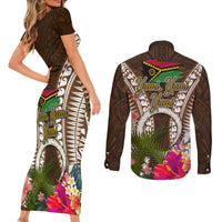 Vanuatu Selebretem 44th Indipendens Dei Couples Matching Short Sleeve Bodycon Dress and Long Sleeve Button Shirt Yumi Pig Tusk and Namele Fern LT03 - Polynesian Pride
