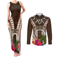 Vanuatu Selebretem 44th Indipendens Dei Couples Matching Tank Maxi Dress and Long Sleeve Button Shirt Yumi Pig Tusk and Namele Fern LT03 Brown - Polynesian Pride