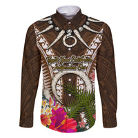 Vanuatu Selebretem 44th Indipendens Dei Family Matching Off Shoulder Maxi Dress and Hawaiian Shirt Yumi Pig Tusk and Namele Fern LT03 Dad's Shirt - Long Sleeve Brown - Polynesian Pride