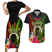 Vanuatu Independence Day Couples Matching Short Sleeve Bodycon Dress and Hawaiian Shirt Tugeta Yumi Selebretem Indipendens Dei LT03 Black - Polynesian Pride
