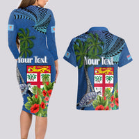 Personalised Fiji Independence Day Couples Matching Long Sleeve Bodycon Dress and Hawaiian Shirt Fijian Coat of Arms Palm and Hibiscus Tapa Pattern LT03 - Polynesian Pride