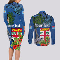 Personalised Fiji Independence Day Couples Matching Long Sleeve Bodycon Dress and Long Sleeve Button Shirt Fijian Coat of Arms Palm and Hibiscus Tapa Pattern LT03 - Polynesian Pride