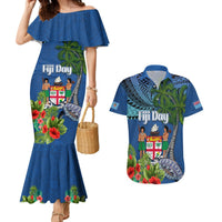Personalised Fiji Independence Day Couples Matching Mermaid Dress and Hawaiian Shirt Fijian Coat of Arms Palm and Hibiscus Tapa Pattern LT03 Blue - Polynesian Pride
