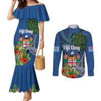 Personalised Fiji Independence Day Couples Matching Mermaid Dress and Long Sleeve Button Shirt Fijian Coat of Arms Palm and Hibiscus Tapa Pattern LT03 Blue - Polynesian Pride
