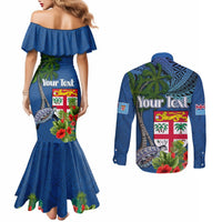 Personalised Fiji Independence Day Couples Matching Mermaid Dress and Long Sleeve Button Shirt Fijian Coat of Arms Palm and Hibiscus Tapa Pattern LT03 - Polynesian Pride