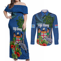 Personalised Fiji Independence Day Couples Matching Off Shoulder Maxi Dress and Long Sleeve Button Shirt Fijian Coat of Arms Palm and Hibiscus Tapa Pattern LT03 Blue - Polynesian Pride