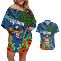 Personalised Fiji Independence Day Couples Matching Off Shoulder Short Dress and Hawaiian Shirt Fijian Coat of Arms Palm and Hibiscus Tapa Pattern LT03 Blue - Polynesian Pride