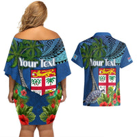 Personalised Fiji Independence Day Couples Matching Off Shoulder Short Dress and Hawaiian Shirt Fijian Coat of Arms Palm and Hibiscus Tapa Pattern LT03 - Polynesian Pride