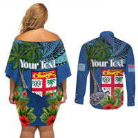 Personalised Fiji Independence Day Couples Matching Off Shoulder Short Dress and Long Sleeve Button Shirt Fijian Coat of Arms Palm and Hibiscus Tapa Pattern LT03 - Polynesian Pride