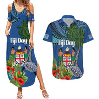 Personalised Fiji Independence Day Couples Matching Summer Maxi Dress and Hawaiian Shirt Fijian Coat of Arms Palm and Hibiscus Tapa Pattern LT03 Blue - Polynesian Pride