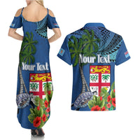 Personalised Fiji Independence Day Couples Matching Summer Maxi Dress and Hawaiian Shirt Fijian Coat of Arms Palm and Hibiscus Tapa Pattern LT03 - Polynesian Pride