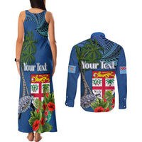 Personalised Fiji Independence Day Couples Matching Tank Maxi Dress and Long Sleeve Button Shirt Fijian Coat of Arms Palm and Hibiscus Tapa Pattern LT03 - Polynesian Pride