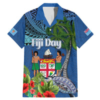 Personalised Fiji Independence Day Family Matching Mermaid Dress and Hawaiian Shirt Fijian Coat of Arms Palm and Hibiscus Tapa Pattern LT03 Dad's Shirt - Short Sleeve Blue - Polynesian Pride