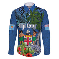 Personalised Fiji Independence Day Family Matching Off Shoulder Short Dress and Hawaiian Shirt Fijian Coat of Arms Palm and Hibiscus Tapa Pattern LT03 Dad's Shirt - Long Sleeve Blue - Polynesian Pride
