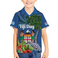 Personalised Fiji Independence Day Family Matching Off Shoulder Short Dress and Hawaiian Shirt Fijian Coat of Arms Palm and Hibiscus Tapa Pattern LT03 Son's Shirt Blue - Polynesian Pride