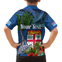 Personalised Fiji Independence Day Family Matching Short Sleeve Bodycon Dress and Hawaiian Shirt Fijian Coat of Arms Palm and Hibiscus Tapa Pattern LT03 - Polynesian Pride