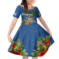 Personalised Fiji Independence Day Family Matching Short Sleeve Bodycon Dress and Hawaiian Shirt Fijian Coat of Arms Palm and Hibiscus Tapa Pattern LT03 Daughter's Dress Blue - Polynesian Pride