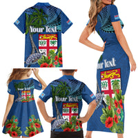 Personalised Fiji Independence Day Family Matching Short Sleeve Bodycon Dress and Hawaiian Shirt Fijian Coat of Arms Palm and Hibiscus Tapa Pattern LT03 - Polynesian Pride