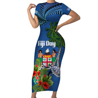 Personalised Fiji Independence Day Family Matching Short Sleeve Bodycon Dress and Hawaiian Shirt Fijian Coat of Arms Palm and Hibiscus Tapa Pattern LT03 Mom's Dress Blue - Polynesian Pride