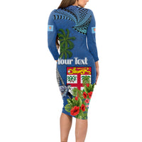 Personalised Fiji Independence Day Long Sleeve Bodycon Dress Fijian Coat of Arms Palm and Hibiscus Tapa Pattern LT03 - Polynesian Pride