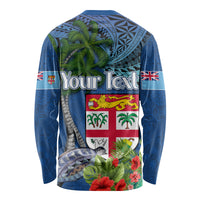 Fiji Independence Day Long Sleeve Shirt Fijian Coat of Arms Palm and Hibiscus Tapa Pattern