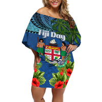 Personalised Fiji Independence Day Off Shoulder Short Dress Fijian Coat of Arms Palm and Hibiscus Tapa Pattern LT03 Women Blue - Polynesian Pride
