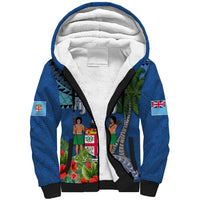 Personalised Fiji Independence Day Sherpa Hoodie Fijian Coat of Arms Palm and Hibiscus Tapa Pattern LT03 Unisex Blue - Polynesian Pride