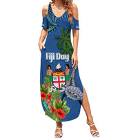 Personalised Fiji Independence Day Summer Maxi Dress Fijian Coat of Arms Palm and Hibiscus Tapa Pattern LT03 Women Blue - Polynesian Pride