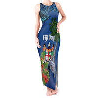 Personalised Fiji Independence Day Tank Maxi Dress Fijian Coat of Arms Palm and Hibiscus Tapa Pattern LT03 Women Blue - Polynesian Pride