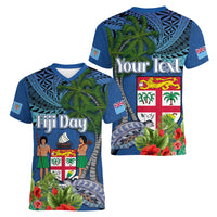 Fiji Independence Day Women V-Neck T-Shirt Fijian Coat of Arms Palm and Hibiscus Tapa Pattern