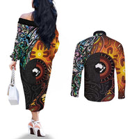 New Zealand and Australia Together Couples Matching Off The Shoulder Long Sleeve Dress and Long Sleeve Button Shirt Maori Tattoo Paua Shell mix Aboriginal Pattern