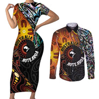 New Zealand and Australia Together Couples Matching Short Sleeve Bodycon Dress and Long Sleeve Button Shirt Maori Tattoo Paua Shell mix Aboriginal Pattern