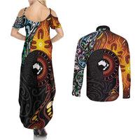 New Zealand and Australia Together Couples Matching Summer Maxi Dress and Long Sleeve Button Shirt Maori Tattoo Paua Shell mix Aboriginal Pattern