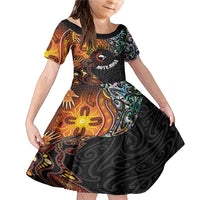 New Zealand and Australia Together Family Matching Mermaid Dress and Hawaiian Shirt Maori Tattoo Paua Shell mix Aboriginal Pattern LT03 Daughter's Dress Black - Polynesian Pride