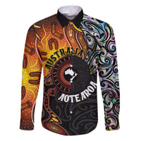 New Zealand and Australia Together Family Matching Puletasi and Hawaiian Shirt Maori Tattoo Paua Shell mix Aboriginal Pattern LT03 Dad's Shirt - Long Sleeve Black - Polynesian Pride